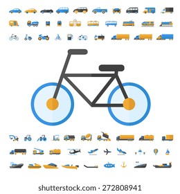 Vehicle and Transportation flat icon set. Vector flat design illustration. 