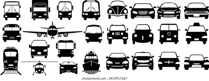 Vehicle transportation of the front silhouette icon vector design collection