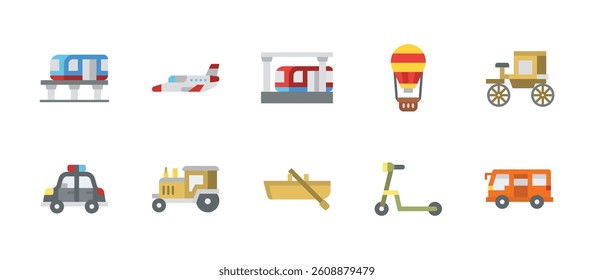 vehicle transportation icons. flat color style icon set