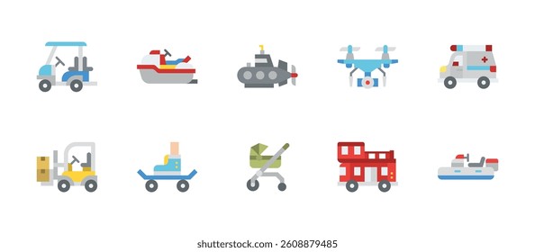 vehicle transportation icons. flat color style icon set