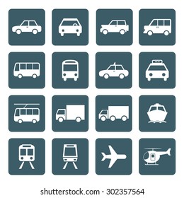 Vehicle and Transportation icons set. Car icon. Plubic bus icon. Truck icon. Train icon. Plane icon. Vector. Silhouette. EPS10