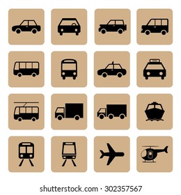 Vehicle and Transportation icons set. Car icon. Plubic bus icon. Truck icon. Train icon. Plane icon. Vector. Silhouette. EPS10