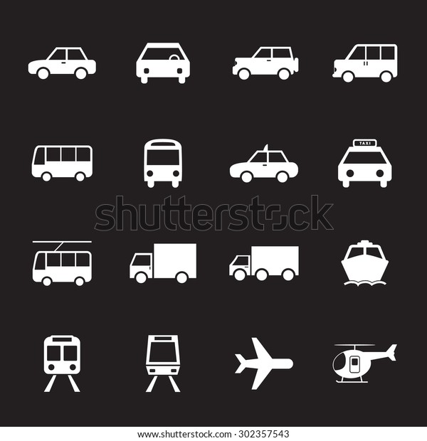 Vehicle and Transportation icons set. Car icon.\
Plubic bus icon. Truck icon. Train icon. Plane icon. Vector.\
Silhouette. EPS10