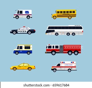 Vehicle Transportation - modern vector flat design icons set. Mail, school bus, police car, taxi, ambulance, charter, ice cream truck, fire engine. Make a presentation, display city services.