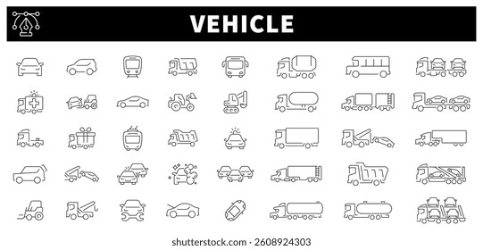 Vehicle transportation outline vector icon set. Cars and public transport icons