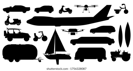 Vehicle transportation silhouette. Passenger public, private transport. Isolated automobile car, bus, airplane, caravan, drone, sailing yacht, bicycle transportation vehicle flat icon collection