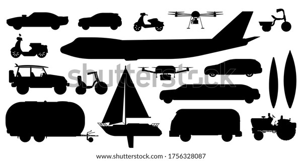 Vehicle transportation silhouette. Passenger\
public, private transport. Isolated automobile car, bus, airplane,\
caravan, drone, sailing yacht, bicycle transportation vehicle flat\
icon collection