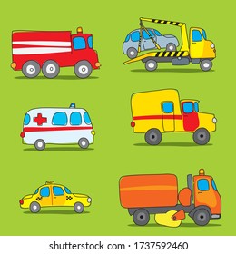 Vehicle Transportation. Special Transport. Medical, Tow Truck, Emergency Car, Fire Engine, Road Cleaning Machine, Taxi. Cartoon Casual Set