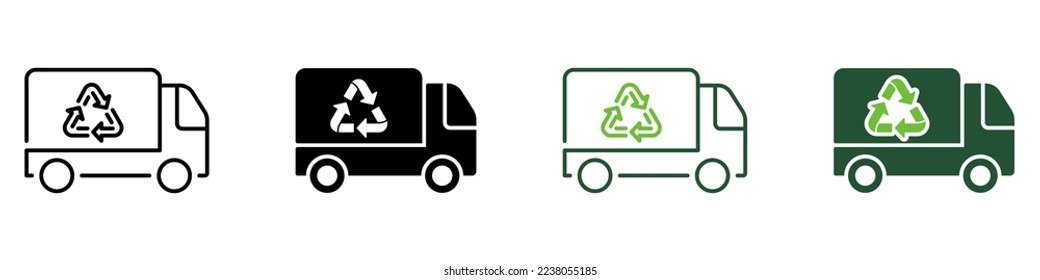 Vehicle Trash Car for Transportation Ecology Waste Line and Silhouette Icon Set. Garbage Truck with Recycle Sign. Truck for Rubbish Symbol Collection on White Background. Isolated Vector Illustration.