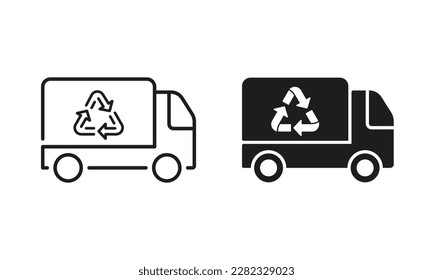 Vehicle Trash Car for Transportation Ecology Waste Line and Silhouette Icon Set. Garbage Truck with Recycle Sign. Truck for Rubbish Symbol Collection on White Background. Isolated Vector Illustration.