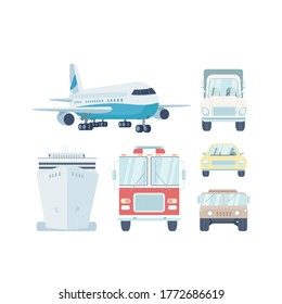 Vehicle types flat color vector objects set. Commercial vehicle. Air and water transport. Automobiles and aircraft. Isolated cartoon illustration for web graphic design and animation