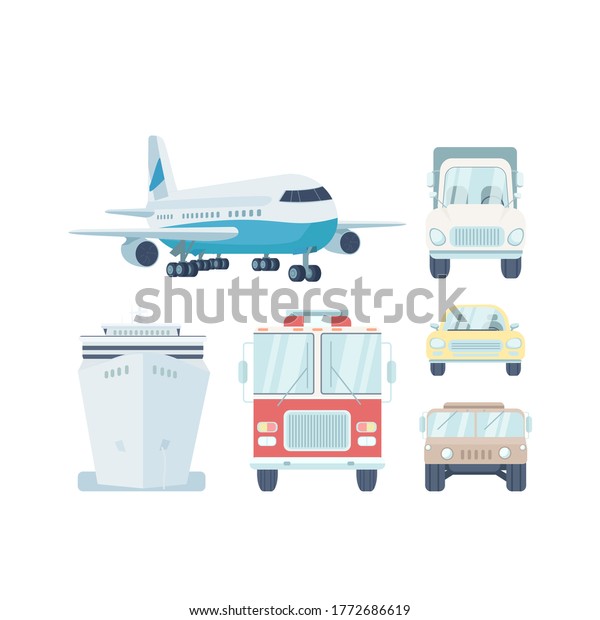 Vehicle\
types flat color vector objects set. Commercial vehicle. Air and\
water transport. Automobiles and aircraft. Isolated cartoon\
illustration for web graphic design and\
animation