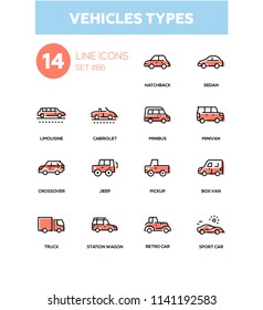 Vehicle types - line design icons set. High quality pictograms. Hatchback, sedan, limousine, cabriolet, minibus, minivan, crossover, jeep, pickup, box van, truck, station wagon, retro and sport car