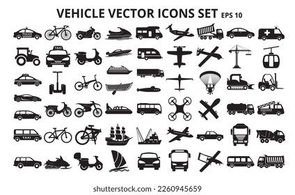 Vehicle vector icons set, black on white background