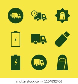 vehicle vector icons set. with fast delivery truck, truck, arab woman and flash driver in set