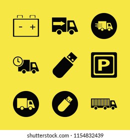 vehicle vector icons set. with flash driver, fast delivery truck, parking sign and car battery in set