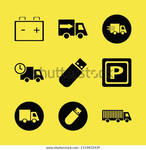vehicle vector icons set.\
with flash driver, fast delivery truck, parking sign and car\
battery in set