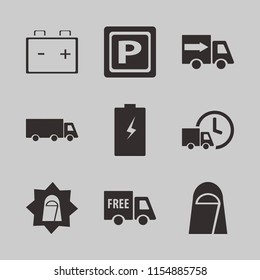 vehicle vector icons set. with parking sign, free delivery, car battery and truck in set