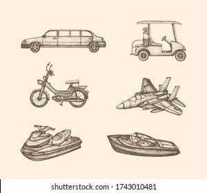 La Ilustración de la Vintage del Vehículo con Estilo de Drenaje a Mano incluye el carrito de golf, Jet, Watercraft, Limousine, Moped y Motorboat. Adecuado para camisetas, mercadería, tatuajes, pegatinas, parches y muchos más.