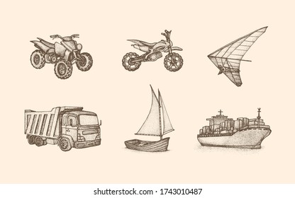 Vehicle Vintage Illustration with Hand Drawn Style, includes ATV or Quadricycle, Boat, Cargo Ship, Dump Truck, Hang Glider, and Motocross. Suitable for t-shirt, merchandise, tattoo, and many more.