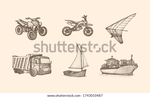 Vehicle Vintage Illustration with Hand Drawn Style,\
includes ATV or Quadricycle, Boat, Cargo Ship, Dump Truck, Hang\
Glider, and Motocross. Suitable for t-shirt, merchandise, tattoo,\
and many more.