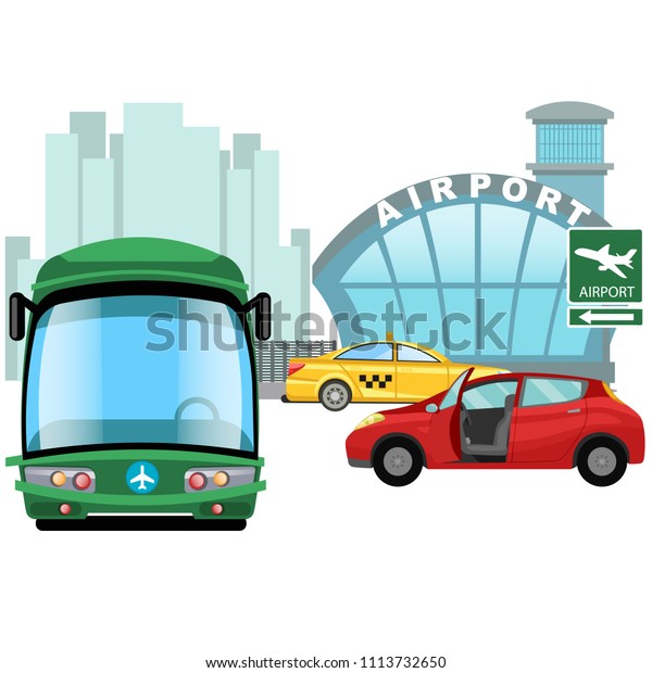 Vehicle waiting outside on airport building,\
car rental service, express bus transfer, taxi for fast travel\
vector illustration of modes of\
transport