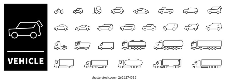 Vehicle web icons. Transport icons set. Car body types. Car, transport, vehicle, auto thin line icons. Editable stroke