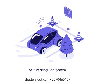 Vehicle with wifi connection driving in urban area. Self parking car system concept isometric vector illustration. Easy automobile control with AI technology cartoon objects composition