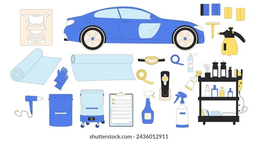 Vehicle wrapping set. Car detailing. Repair auto. Collection of isolated automobile service tools. Vector illustration.