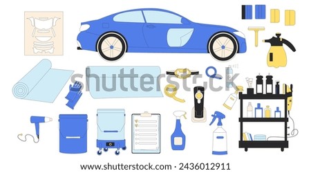 Vehicle wrapping set. Car detailing. Repair auto. Collection of isolated automobile service tools. Vector illustration.
