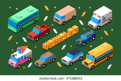 Vehicles 3D Isometric Illustration. Low Poly Flat Design. 