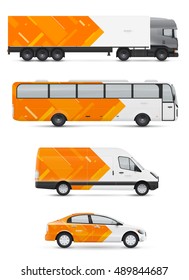 Vehicles for advertising and corporate identity. Branding design for transport. Mockup of passenger car, bus and van. Graphics elements with abstract modern geometric shapes.