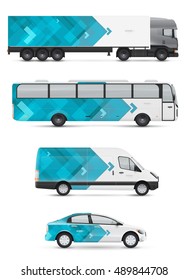 Vehicles for advertising and corporate identity. Branding design for transport. Mockup of passenger car, bus and van. Graphics elements with abstract modern geometric shapes.