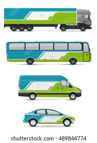 Vehicles for advertising and corporate identity. Branding design for transport. Mockup of passenger car, bus and van. Graphics elements with abstract modern geometric shapes.