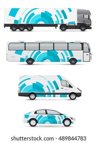 Vehicles for advertising and corporate identity. Branding design for transport. Mockup of passenger car, bus and van. Graphics elements with abstract modern geometric shapes.