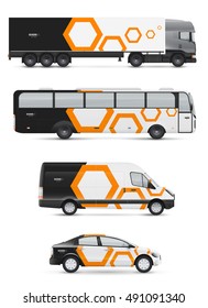 Vehicles for advertising and corporate identity. Branding design for transport. Mockup of passenger car, bus and van. Graphics elements with abstract modern geometric shapes.