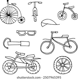 vehicles bicycle, moped, scooter and their parts, black and white hand drawing, vector