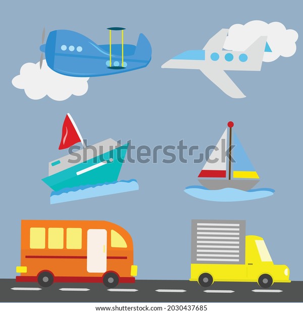 Vehicles Boat Plane Bus Truck Transportation\
Vector Illustration