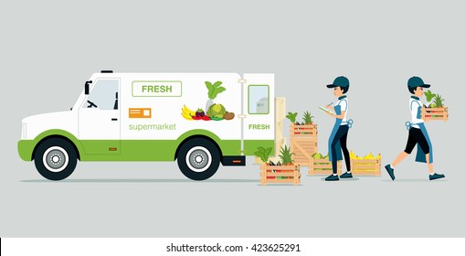 Vehicles carrying vegetables and fruits with employee monitoring product.