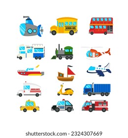 Vehicles Cartoon Illustration. Toy Transport set in vector, the colorful version. Toys for kid games.