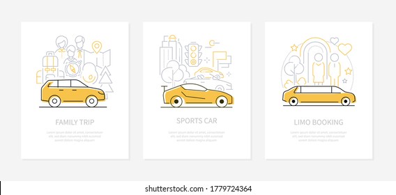 Vehicles concept - line design style banners set with place for text. Family road trip, sports car, limo booking illustrations. Different modes of transportation, urban transport and driving idea