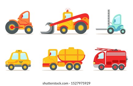 Vehicles and Construction Machinery Set, Tractor, Crawler, Bulldozer, Taxi, Fire Truck Vector Illustration