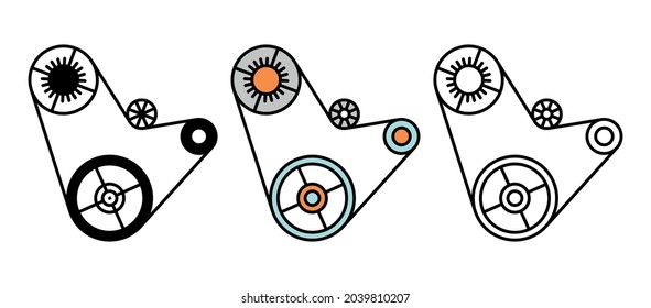 Vehicles engine belt and pulley parts icon set. Car parts line icons. Automobile manufacturing icon set. Silhouette, colorful and linear set.