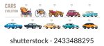 Vehicles evolution. Old horse vehicle or modern car, transportation technology cars development history decades period timeline automobile industries, recent vector illustration of evolution transport