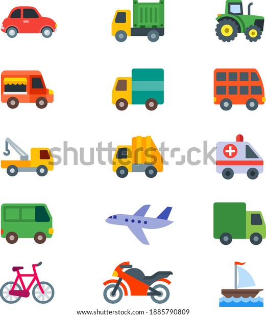 Vehicles flat icons of car\
truck lorry tractor food van delivery vehicle double decker bus\
school bus ambulance airplane cycle bike motorcycle boat trolley \
cargo