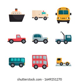 Vehículos diseño de conjunto de iconos de estilo plano, viaje de transporte velocidad motor urbano rápida y tema de conducción Ilustración vectorial