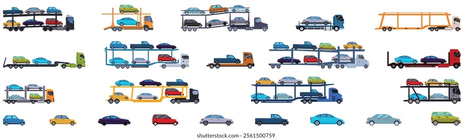 Vehicles hauling carrier icons set. Set of different car carrier trucks and tow trucks transporting cars, sedans, pickups, and vans, vehicle shipping and logistics concept