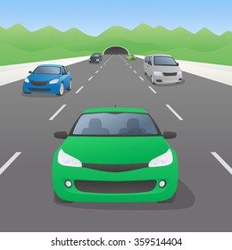 vehicles and highway, tunnel,  front view, vector illustration