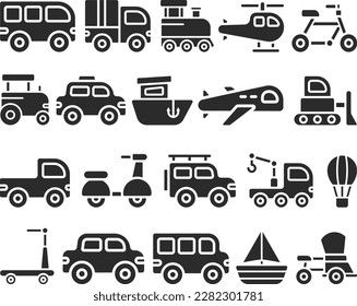 Vehicles icon set, 20 transportation vehicle icon set black vector 
