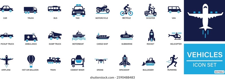 Vehicles icon set Car, Truck, Bus, Taxi, Motorcycle, Bicycle, Scooter, Van, Pickup Truck, You can easily change the color.